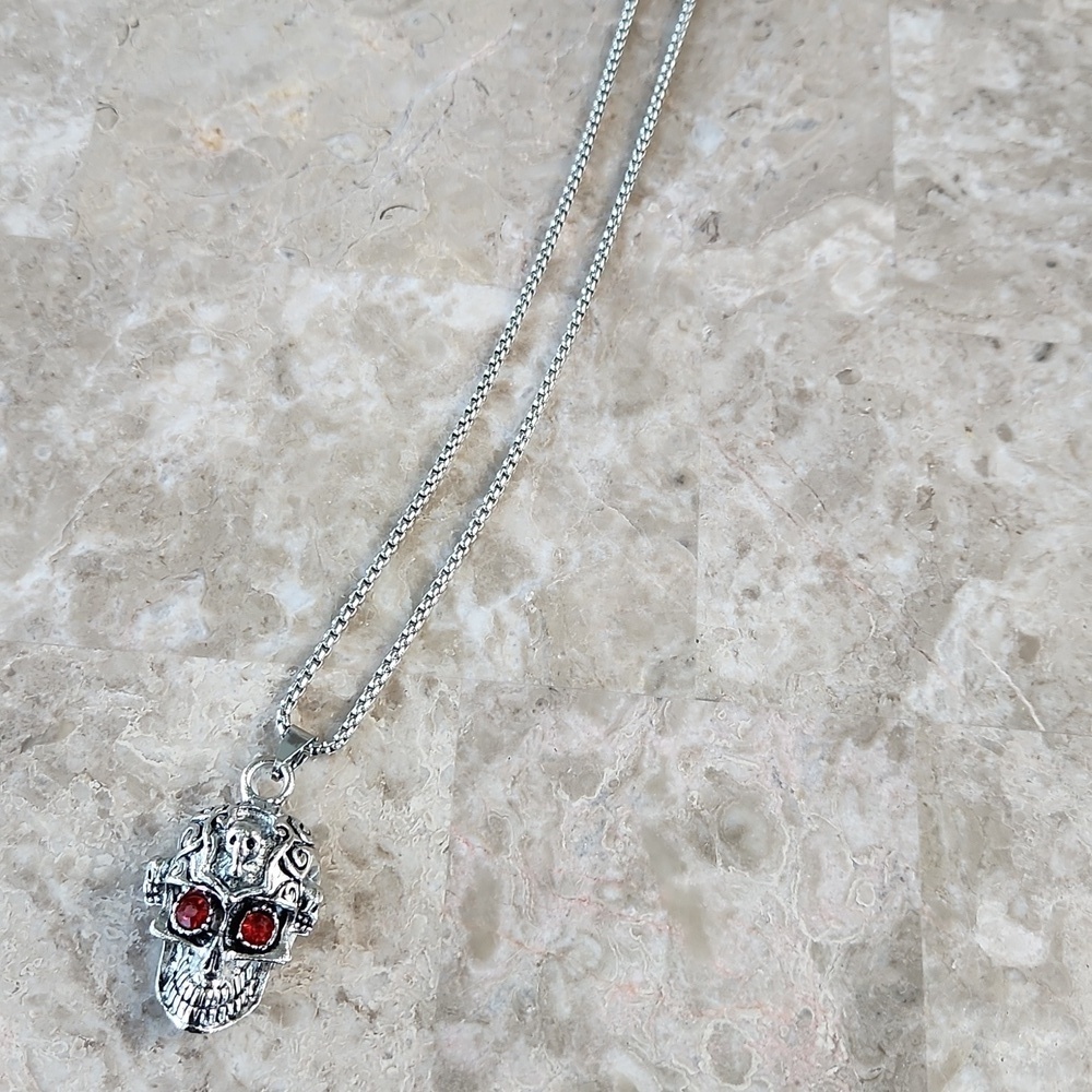 Silver Skull Pendant with Red Accents, New - Picture 4 of 5